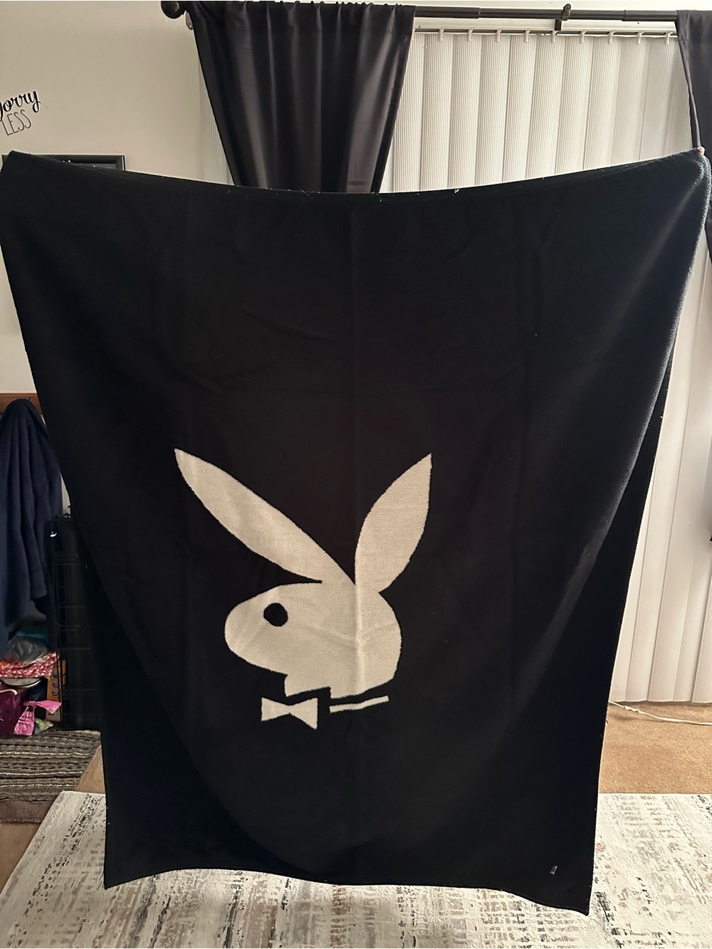 PLAYBOY Black Sherpa Blanket with White Logo Tag